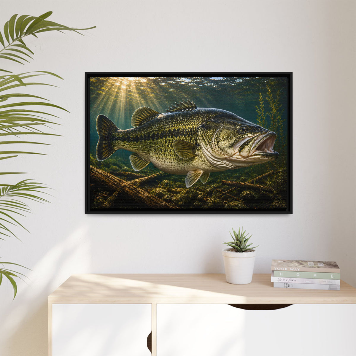 Sunken Timber Glide Largemouth Bass framed canvas hanging in a living room