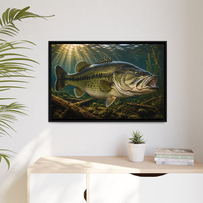 Sunken Timber Glide Largemouth Bass framed canvas hanging in a living room