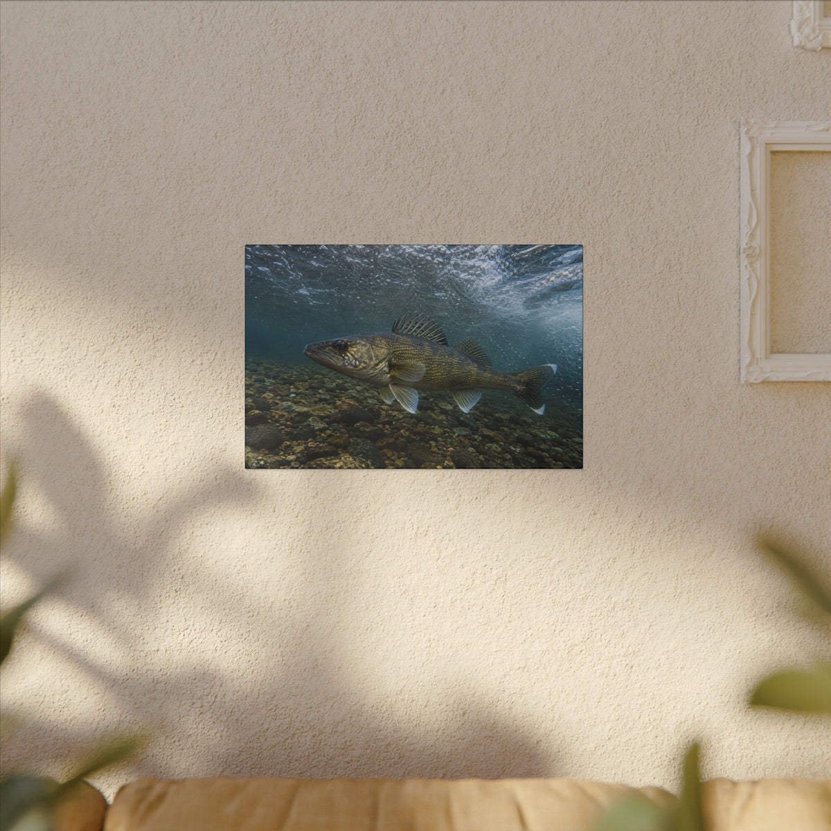 Cobbled Shallows Walleye canvas hanging in a living room