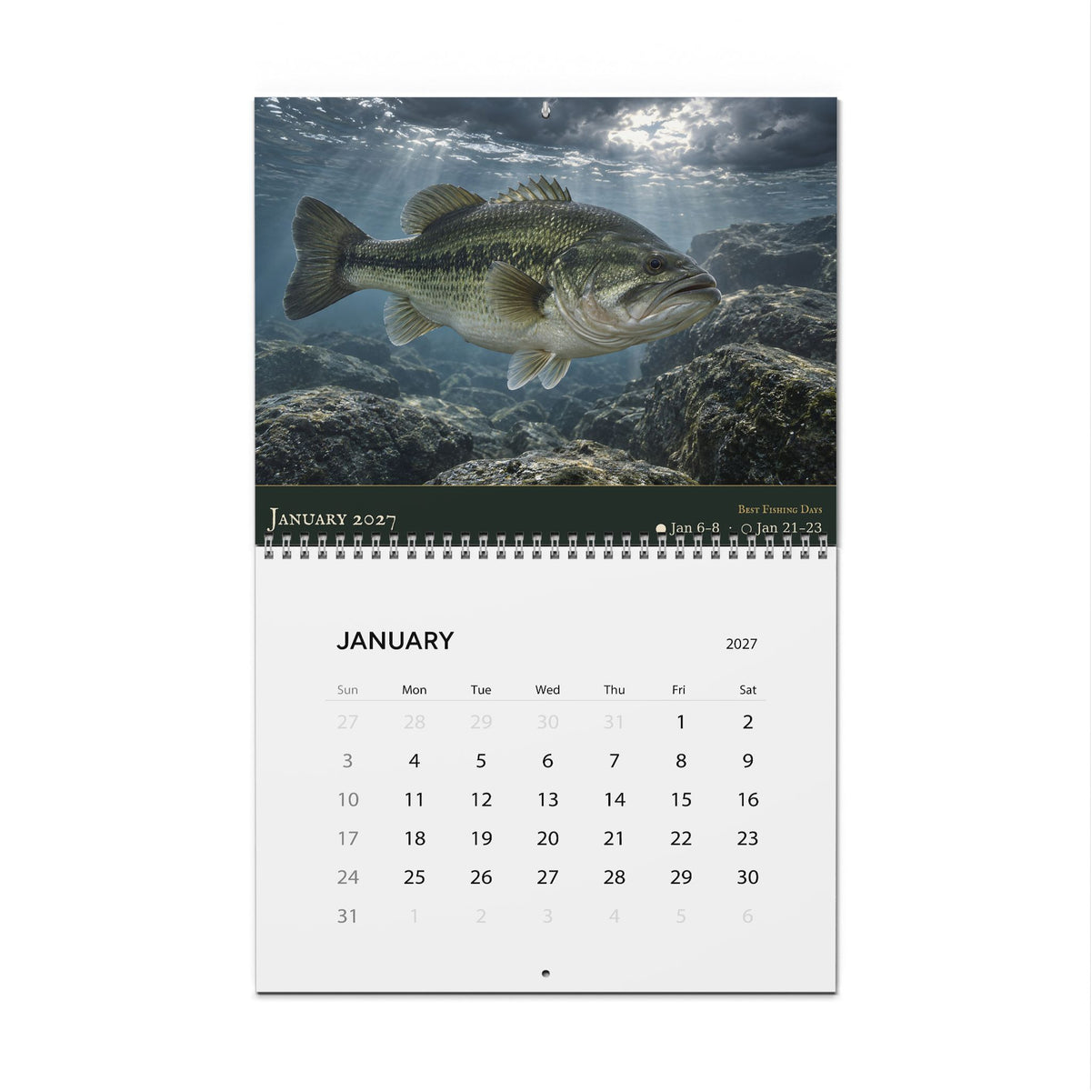 2027 Bass Wall Calendar — Largemouth & Smallmouth Fish Art with Best Fishing Days