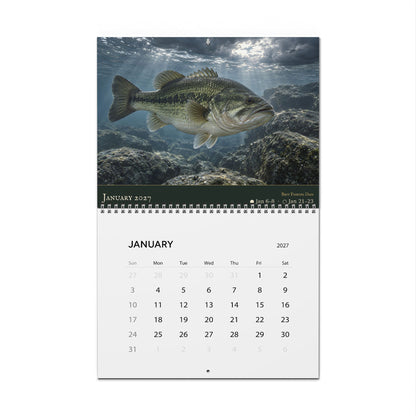 2027 Bass Wall Calendar — Largemouth & Smallmouth Fish Art with Best Fishing Days