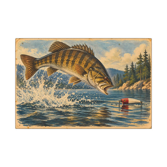 Old sporting-ad style art of a smallmouth leaping at a wooden topwater plug, fishing wall art canvas