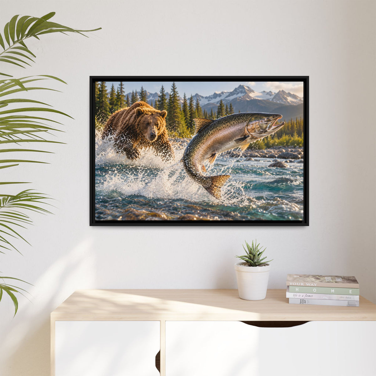 Grizzly Bear and Leaping Salmon framed canvas wall art, view 5