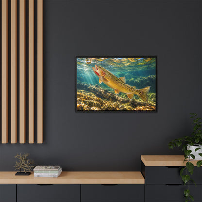 Rising to the Hopper Cutthroat Trout framed canvas in a home office