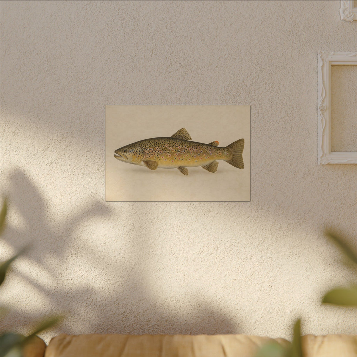 Brown Trout Field Study canvas hanging in a living room