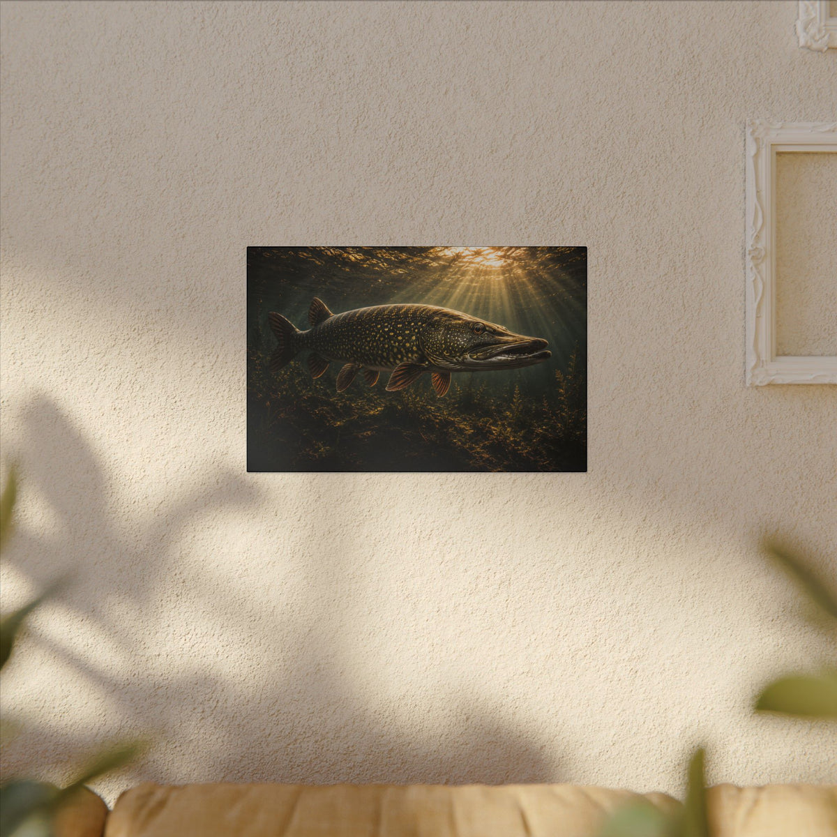 The Encounter Northern Pike canvas hanging in a living room