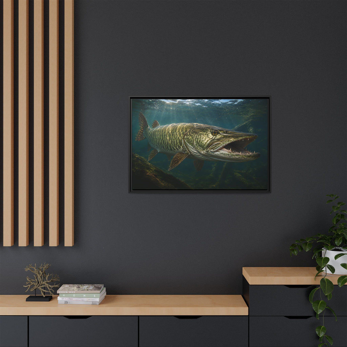 The River King Muskie framed canvas in a home office