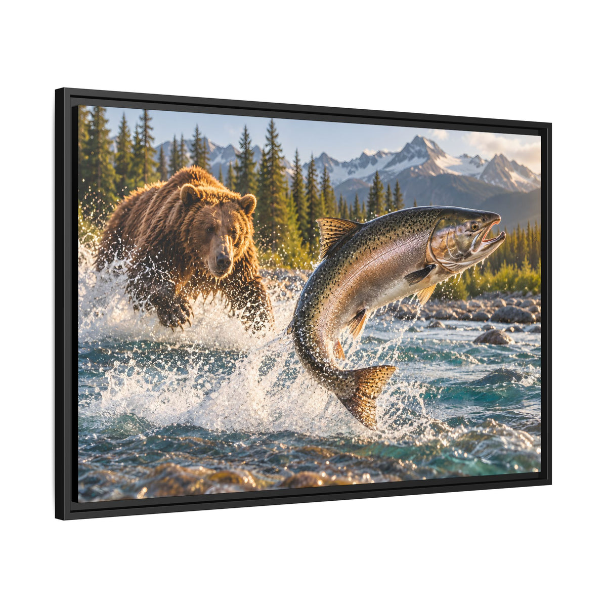 Grizzly Bear and Leaping Salmon framed canvas wall art, view 4