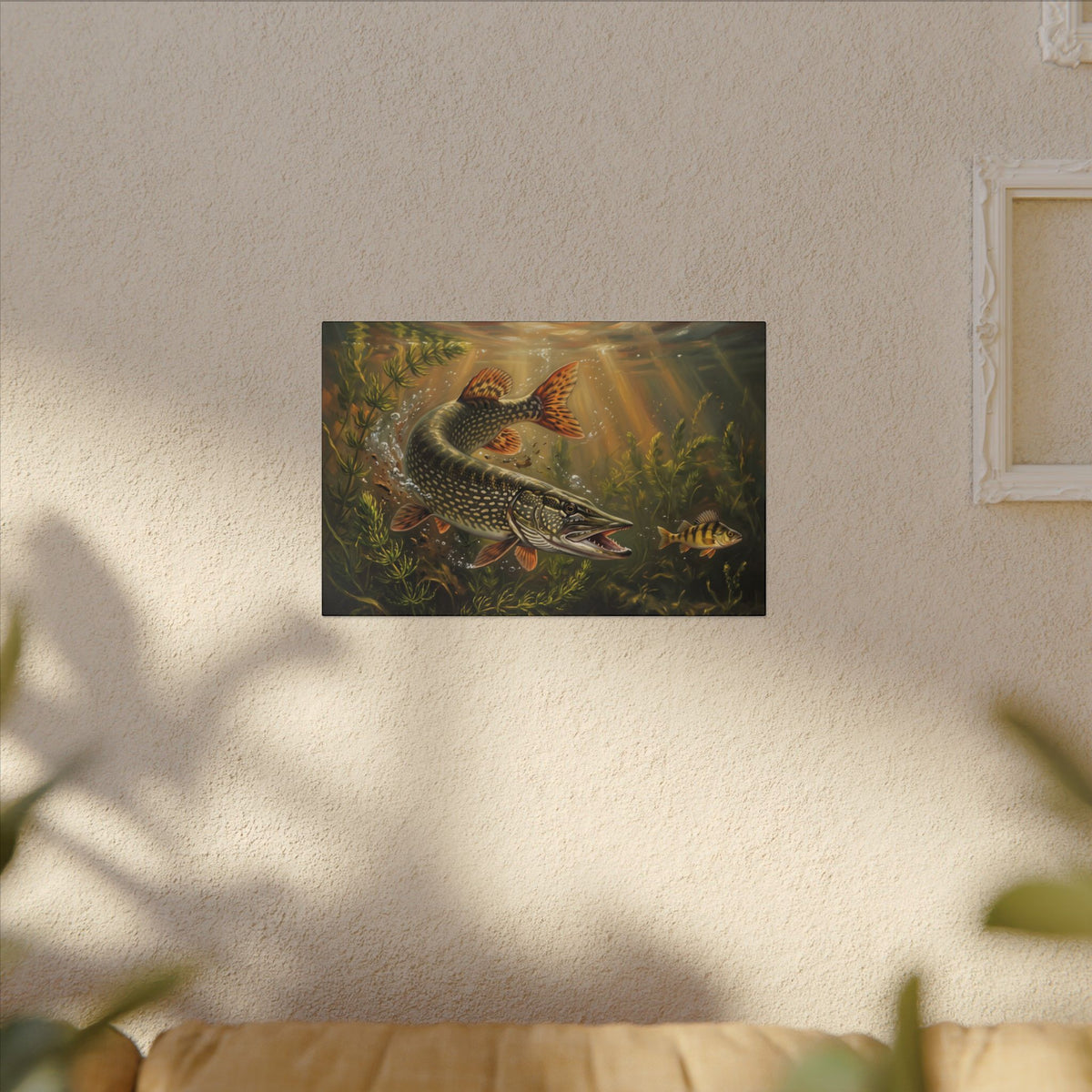 Perch Ambush Northern Pike canvas hanging in a living room