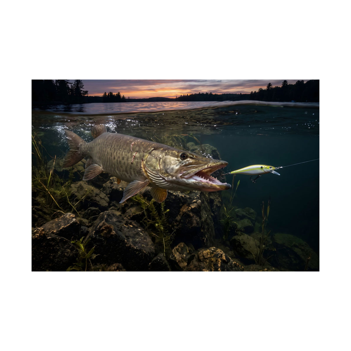 Chartreuse Sunset Jerkbait Strike Muskie Poster — Trophy Underwater Wall Art for Anglers