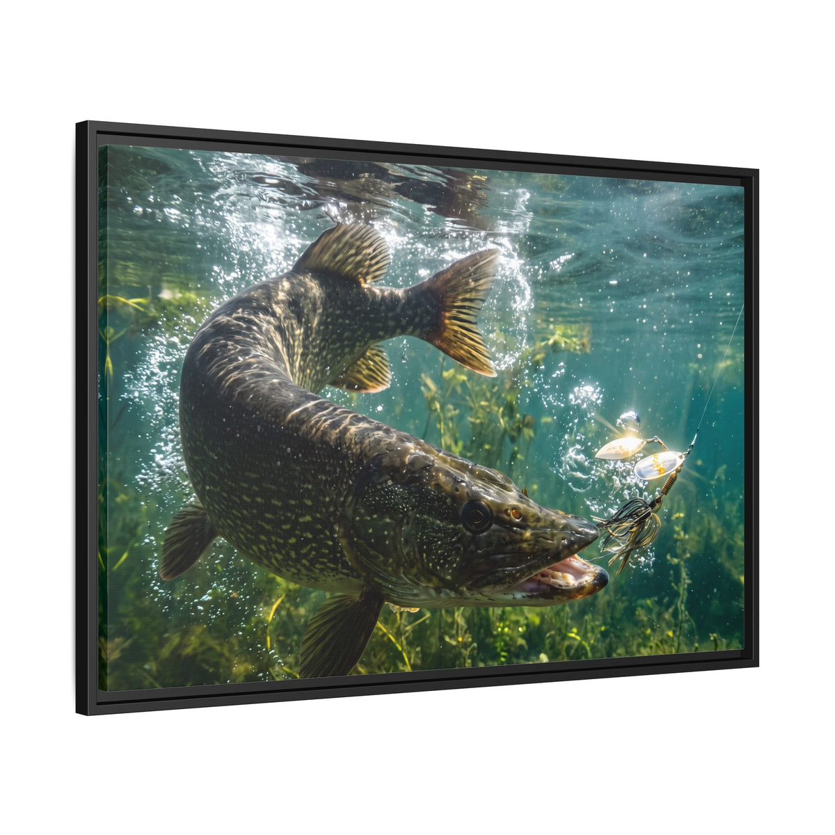 Northern Pike Spinnerbait Strike Framed Canvas — Ready-to-Hang Wall Art for Anglers