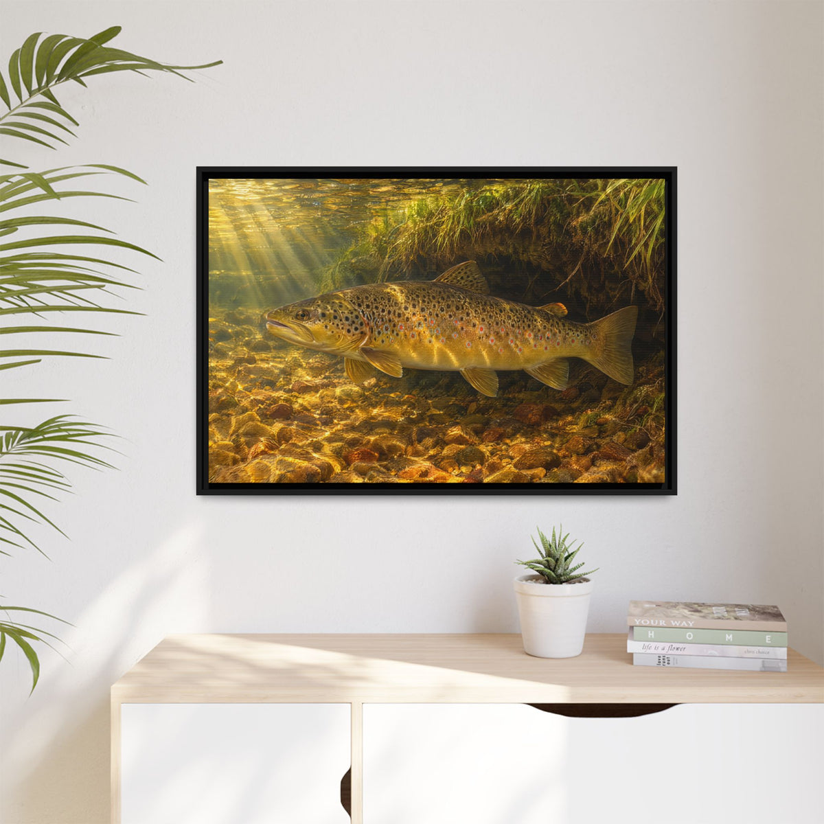 Golden Undercut Brown Trout framed canvas hanging in a living room