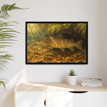 Golden Undercut Brown Trout framed canvas hanging in a living room