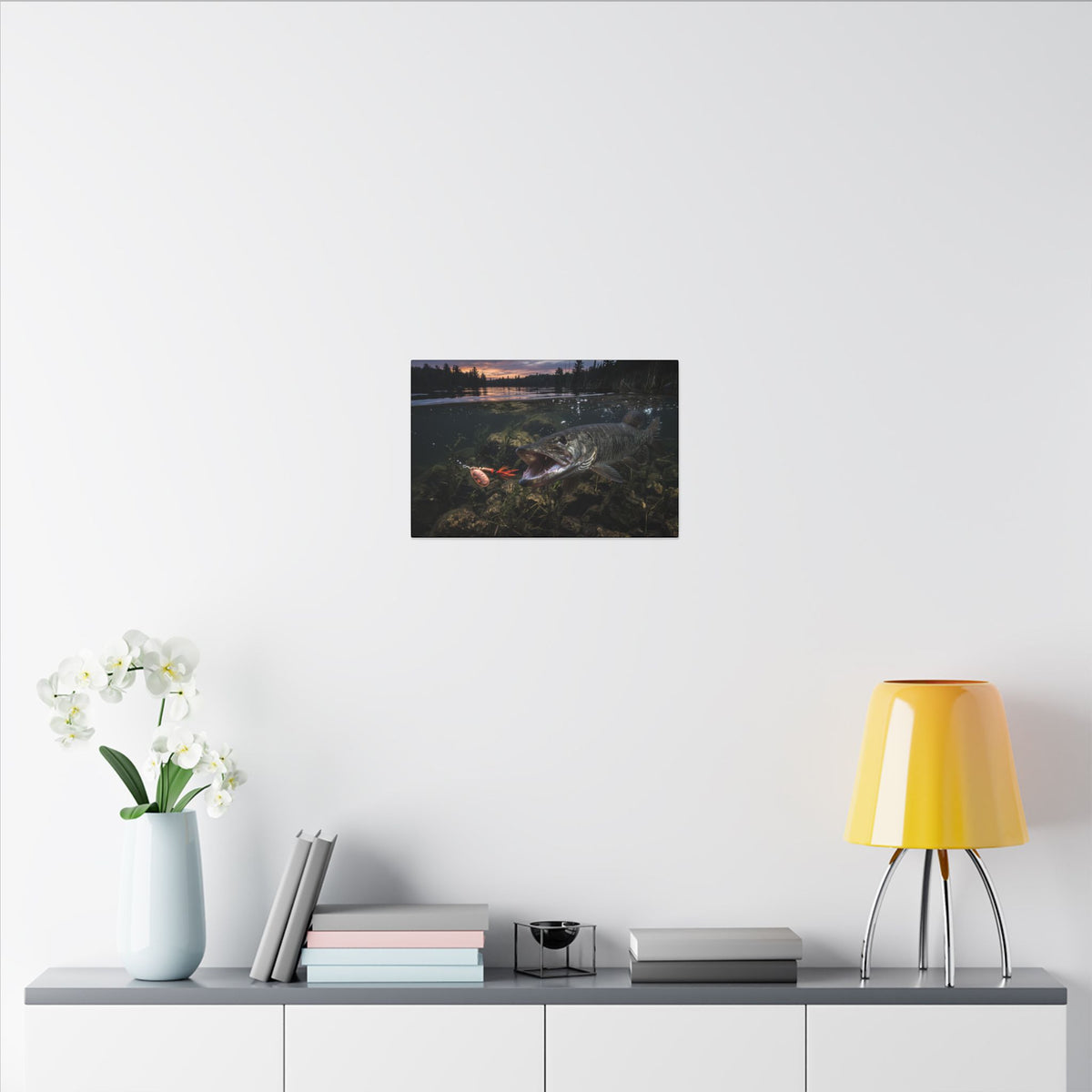 Sunset Spinner Strike Muskie canvas in a home office