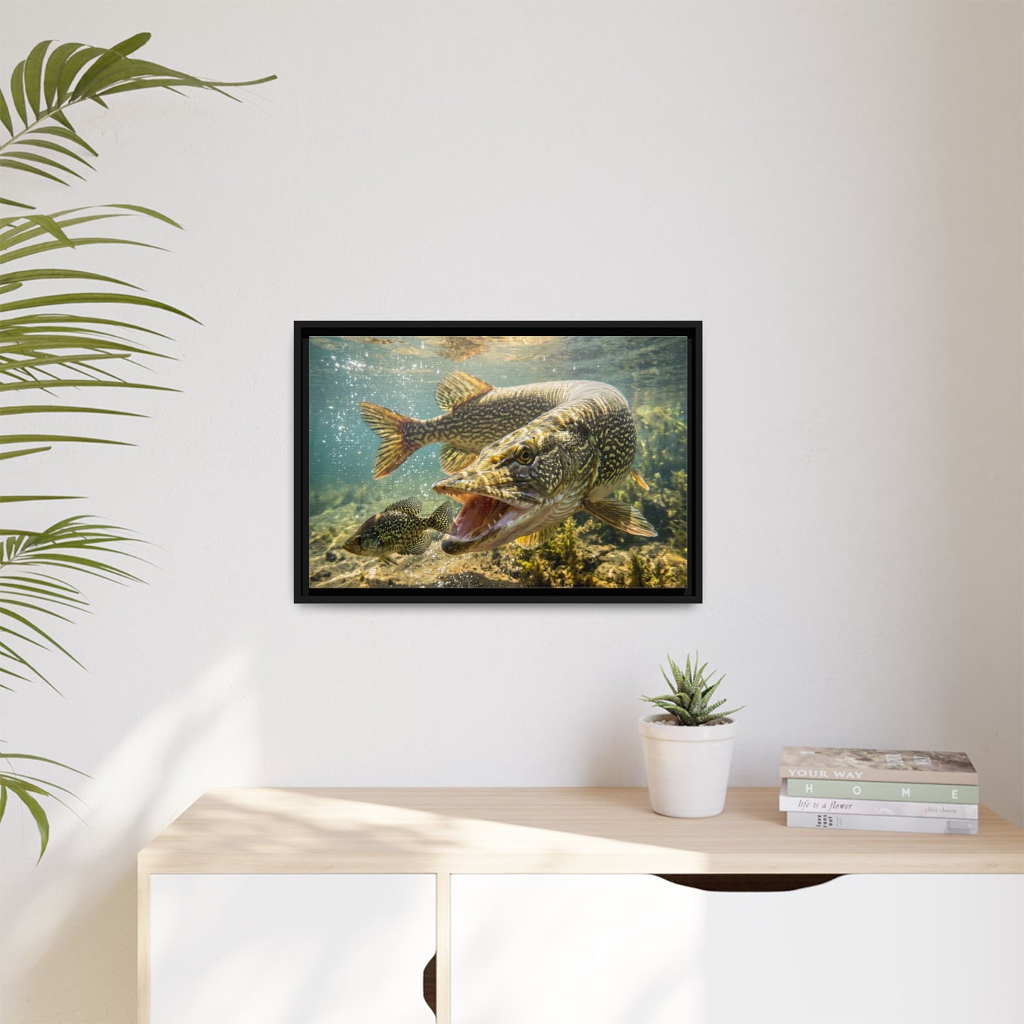 Northern Pike Crappie Chase Framed Canvas — Ready-to-Hang Wall Art for Anglers