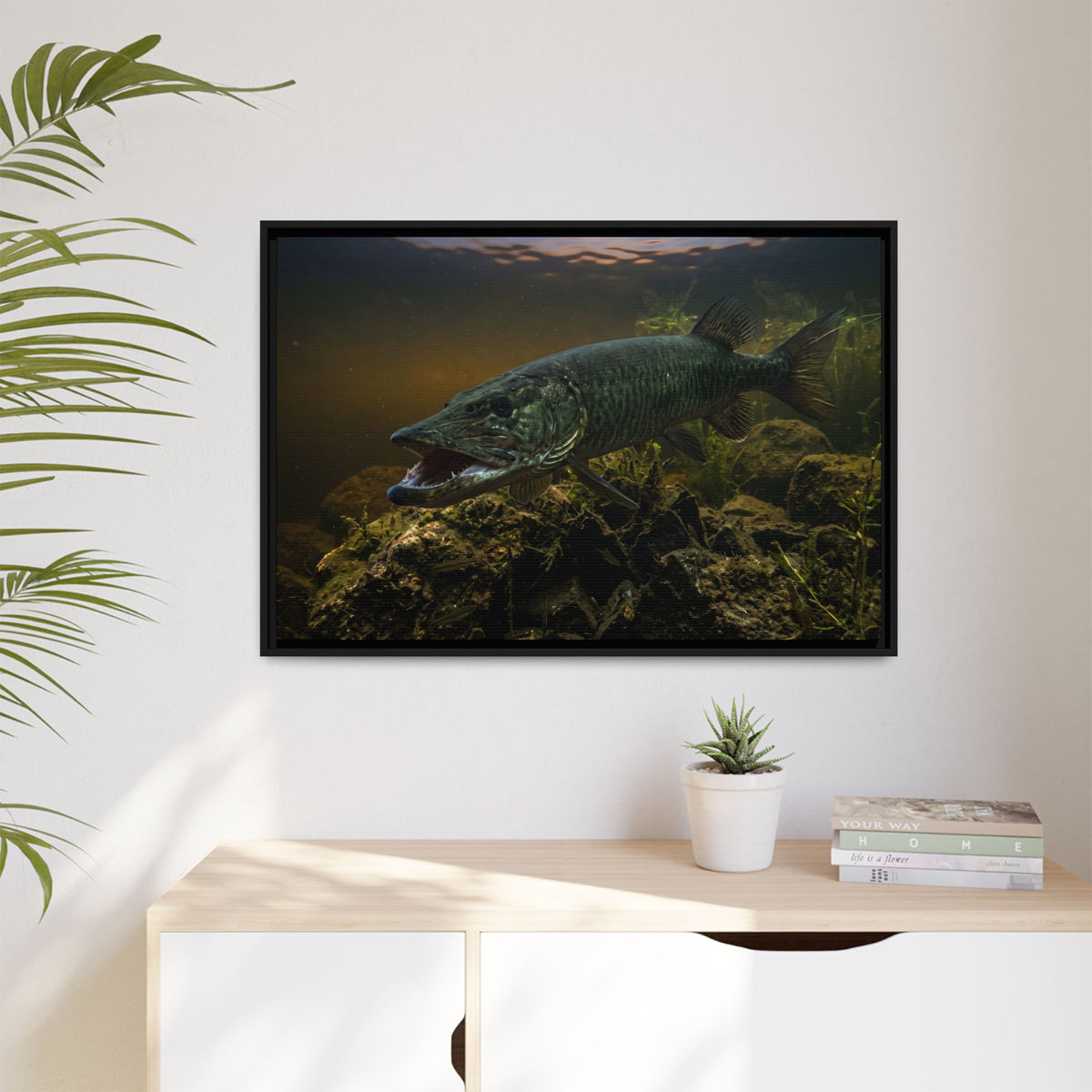 Mouth Open Dusk Sky Muskie framed canvas hanging in a living room