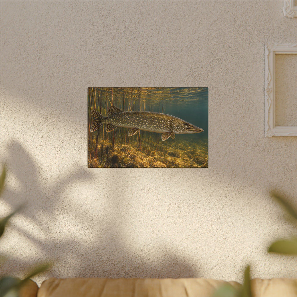 Amber Reed Sentinel Northern Pike canvas hanging in a living room