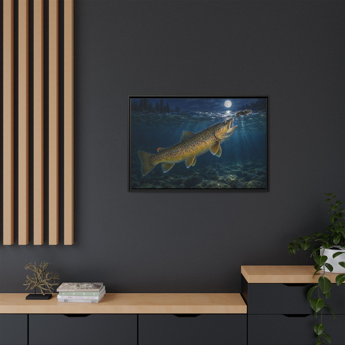 Midnight Mouse Brown Trout framed canvas in a home office