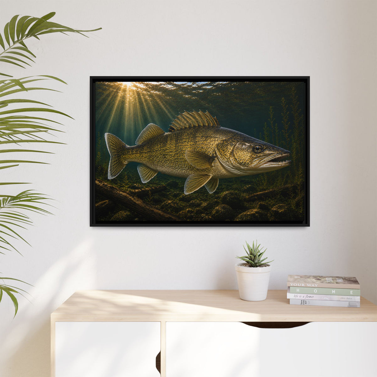 Golden Sunbeams Walleye framed canvas hanging in a living room