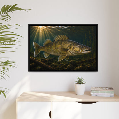 Golden Sunbeams Walleye framed canvas hanging in a living room