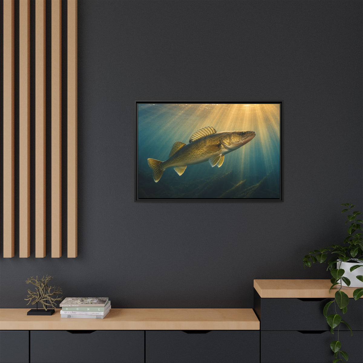 Backlit Sunbeam Cruise Walleye framed canvas in a home office