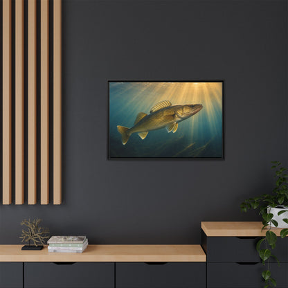 Backlit Sunbeam Cruise Walleye framed canvas in a home office