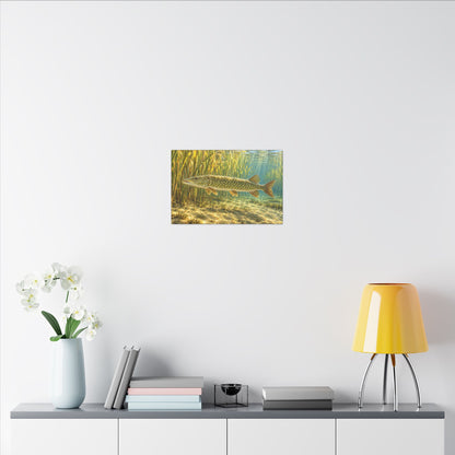 Sunlit Reed Edge Northern Pike canvas in a home office
