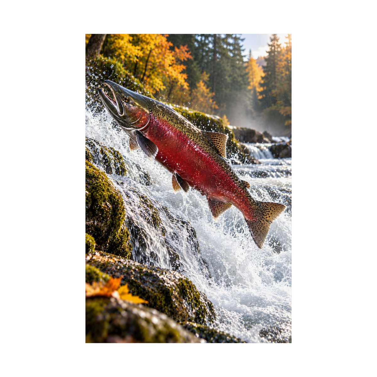 Autumn Run Leap Coho Salmon fishing poster close-up