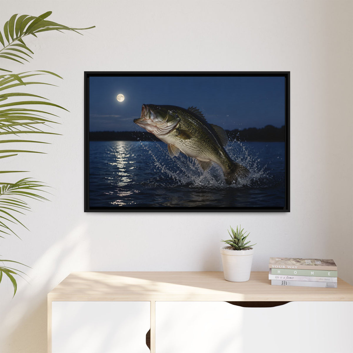 Moonlit Jump Largemouth Bass framed canvas hanging in a living room