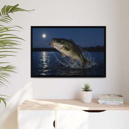 Moonlit Jump Largemouth Bass framed canvas hanging in a living room