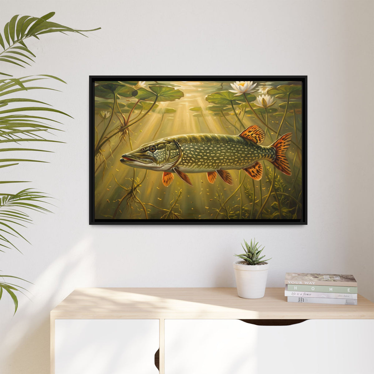 Lily Pad Dawn Northern Pike framed canvas hanging in a living room
