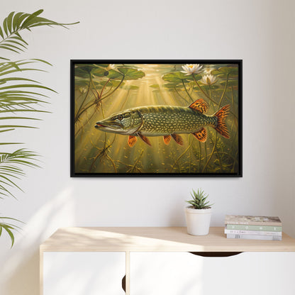 Lily Pad Dawn Northern Pike framed canvas hanging in a living room