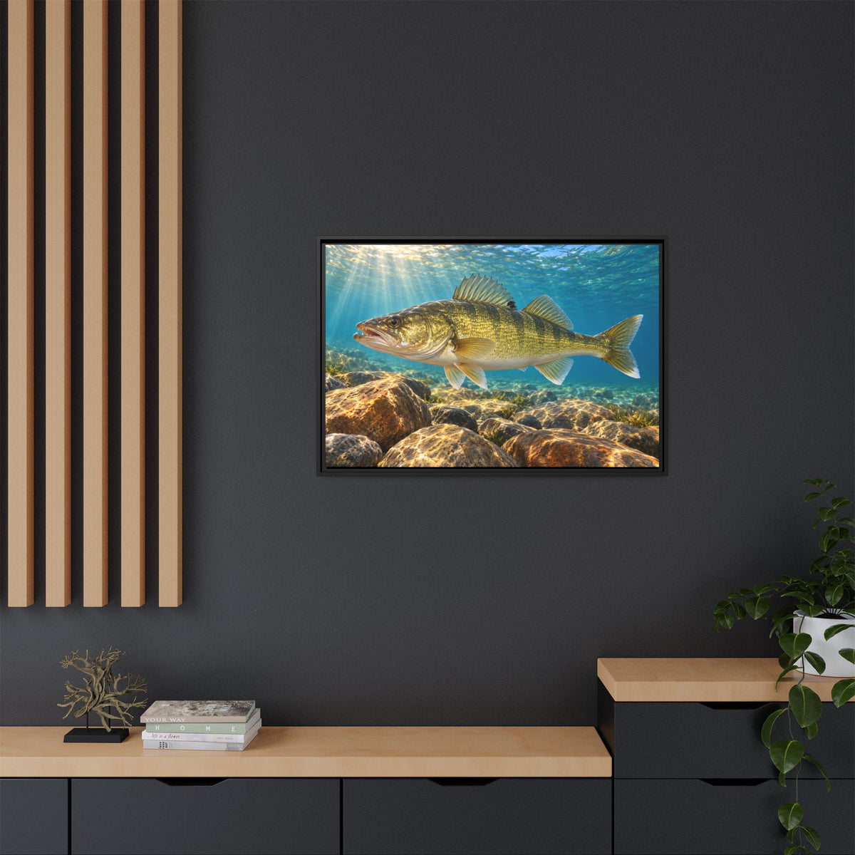 Golden Rock Reef Walleye framed canvas in a home office