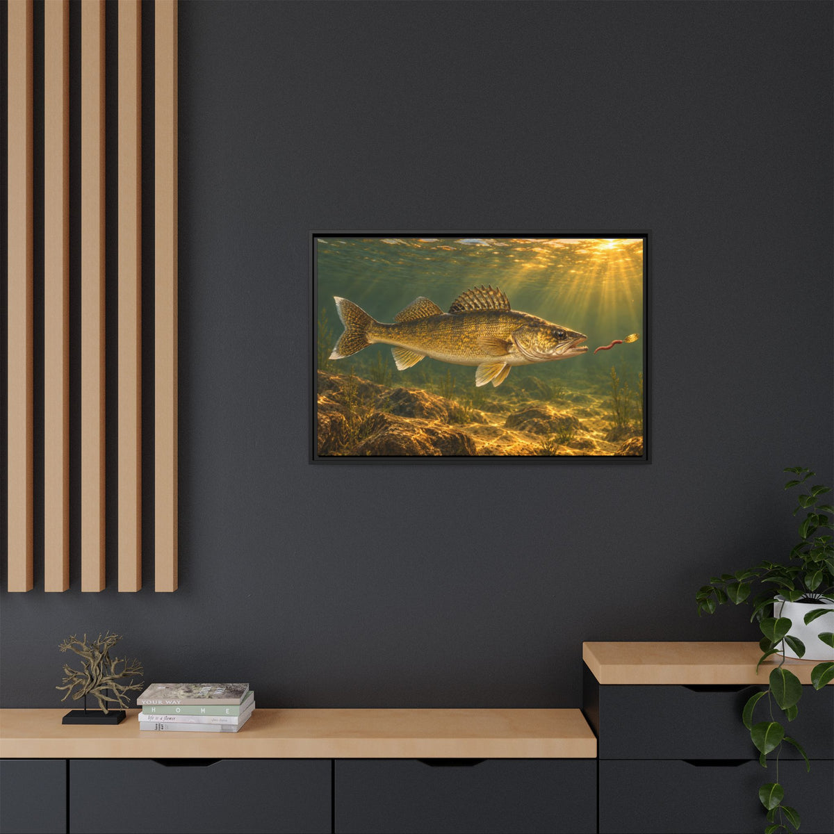 Crawler Harness Strike Walleye framed canvas in a home office