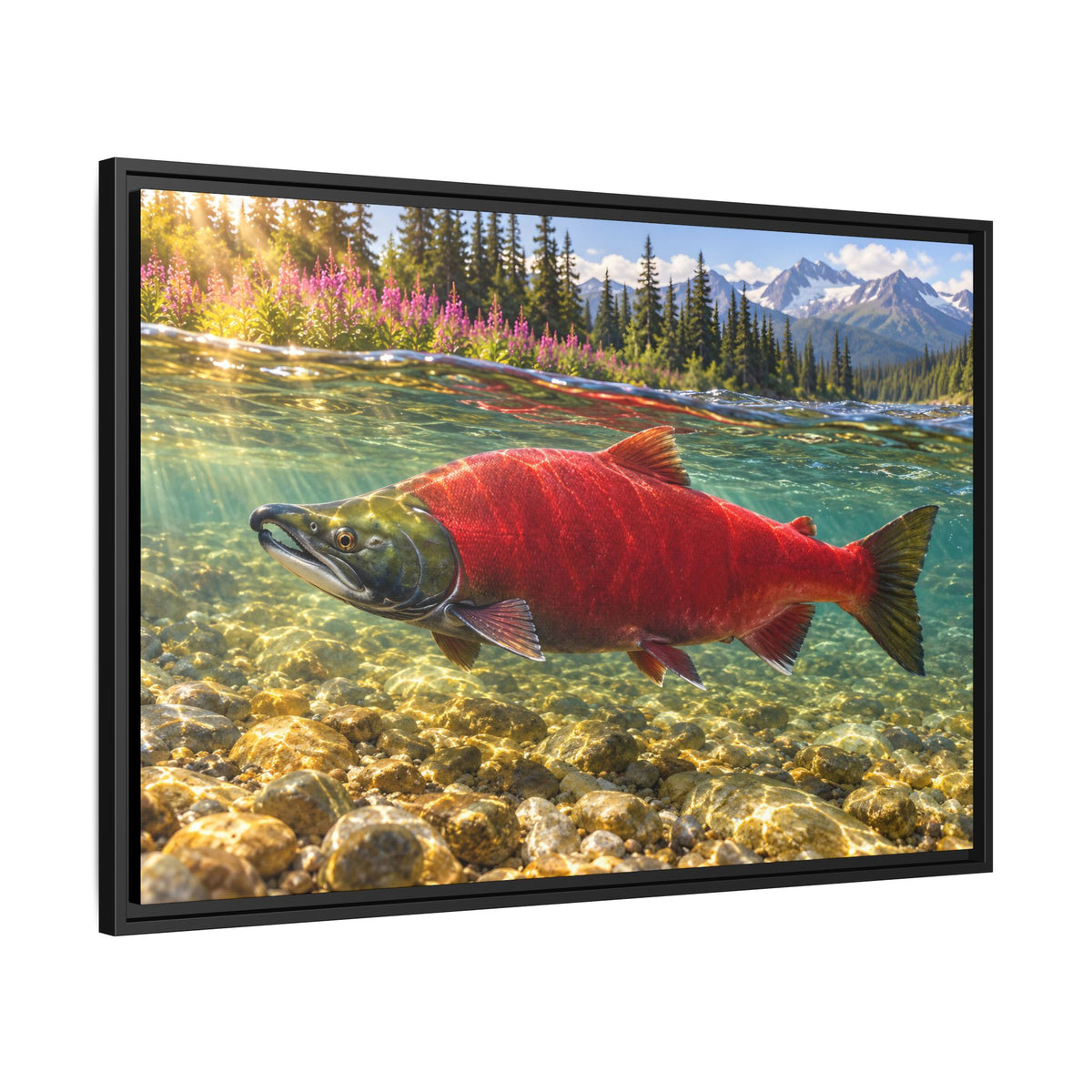Crimson Run Sockeye Salmon framed canvas side angle