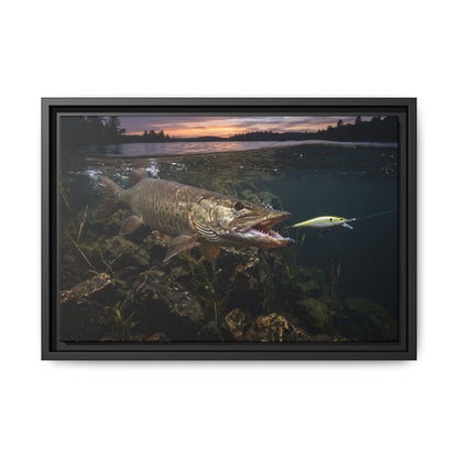 Chartreuse Sunset Jerkbait Strike Muskie framed canvas, 24x16 size view