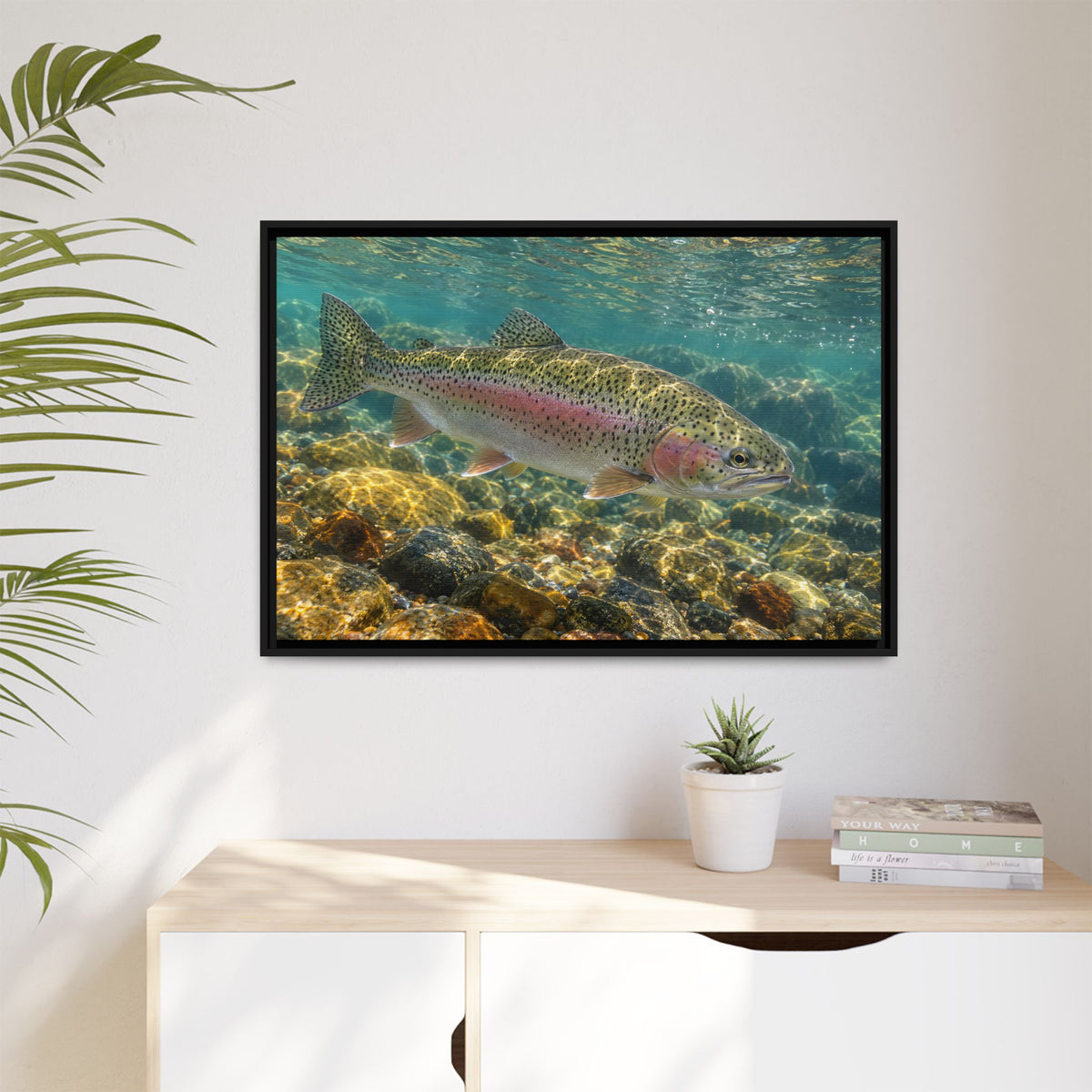 Sunlit Gravel Run Rainbow Trout framed canvas wall art, view 5