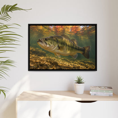 Golden Autumn Reflection Largemouth Bass framed canvas hanging in a living room