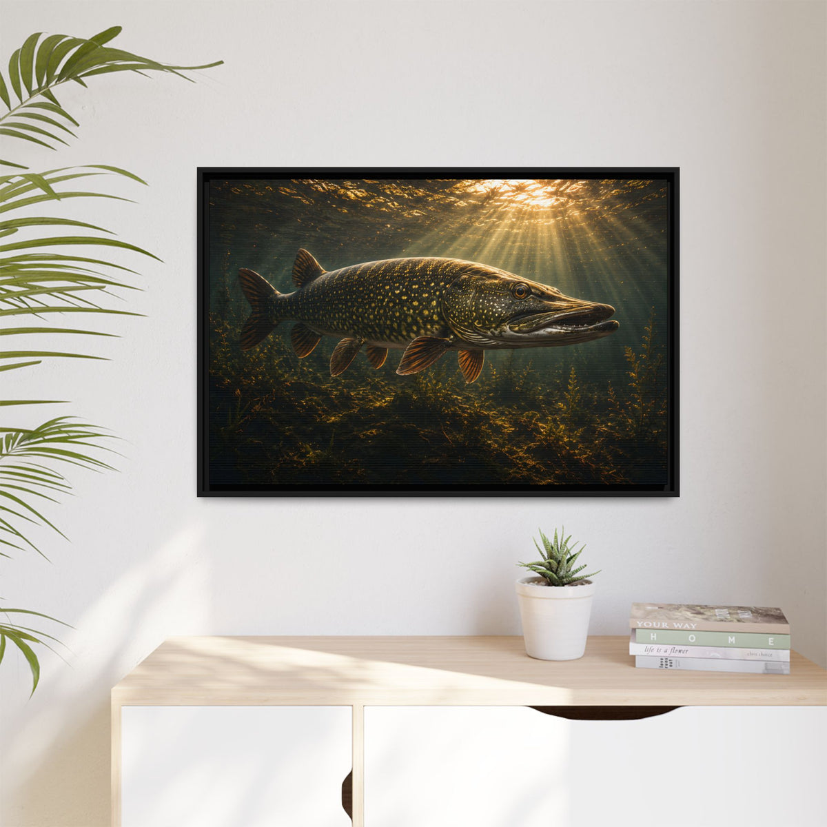 The Encounter Northern Pike framed canvas hanging in a living room