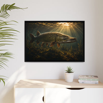 The Encounter Northern Pike framed canvas hanging in a living room