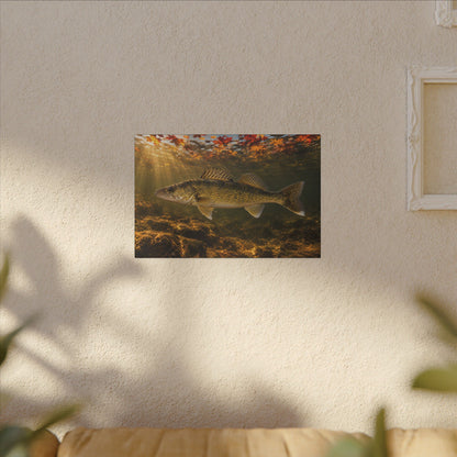 Autumn Turnover Walleye canvas hanging in a living room