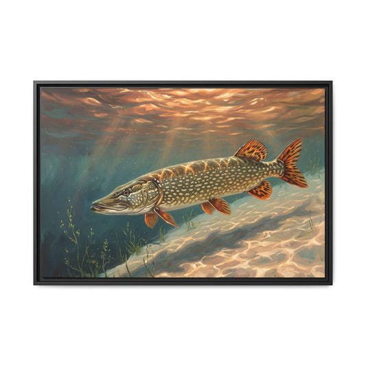 Sandbar Sunset Northern Pike framed canvas, 18x12 size view