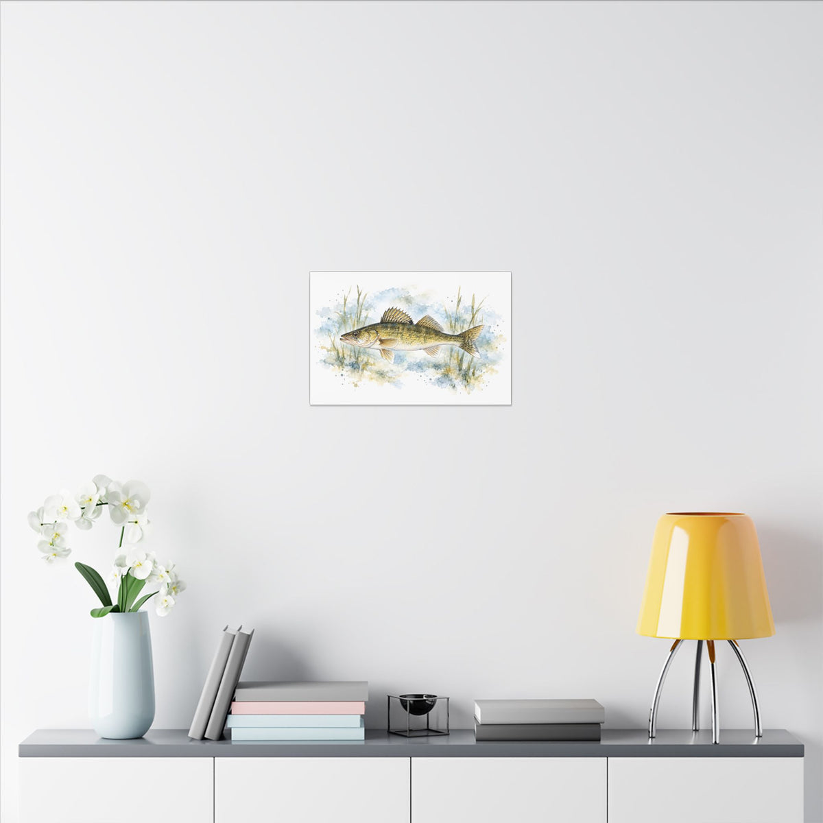 Watercolor Reeds Walleye canvas in a home office