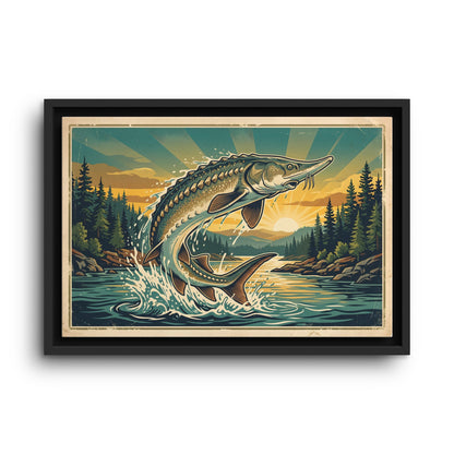 Sturgeon Sunrise Breach framed canvas wall art