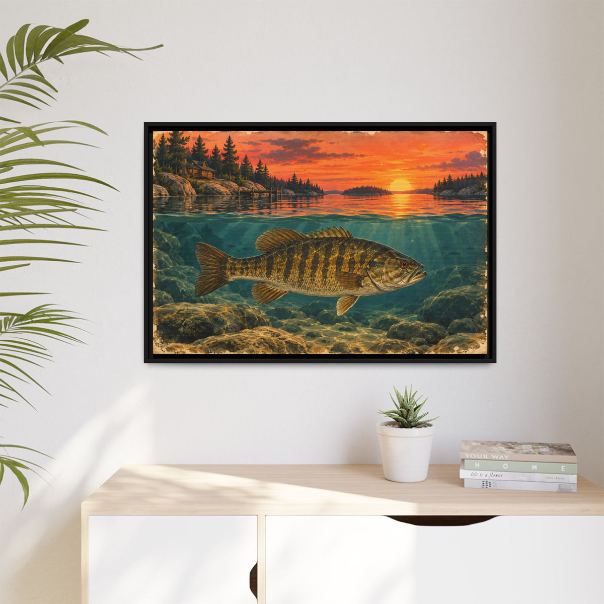 Vintage Sunset Lake Smallmouth Framed Canvas wall art, view 5