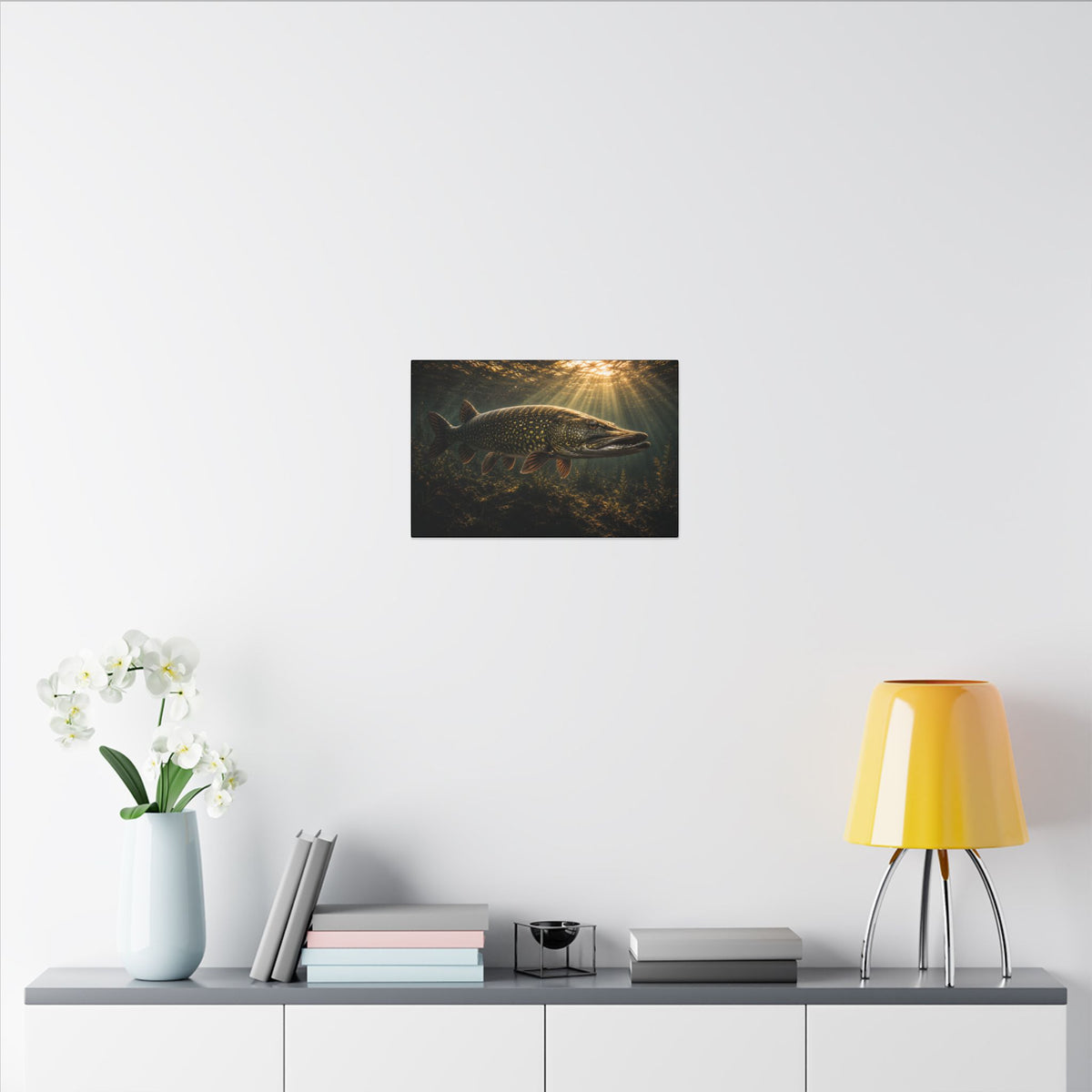 The Encounter Northern Pike canvas in a home office