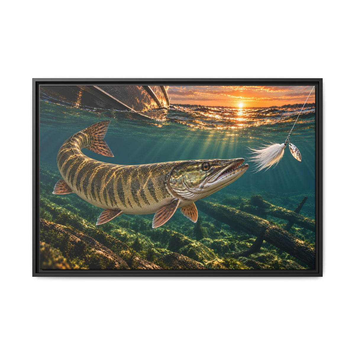 A huge muskie strikes a bucktail at boatside on the figure-eight at sunset, fishing wall art framed canvas