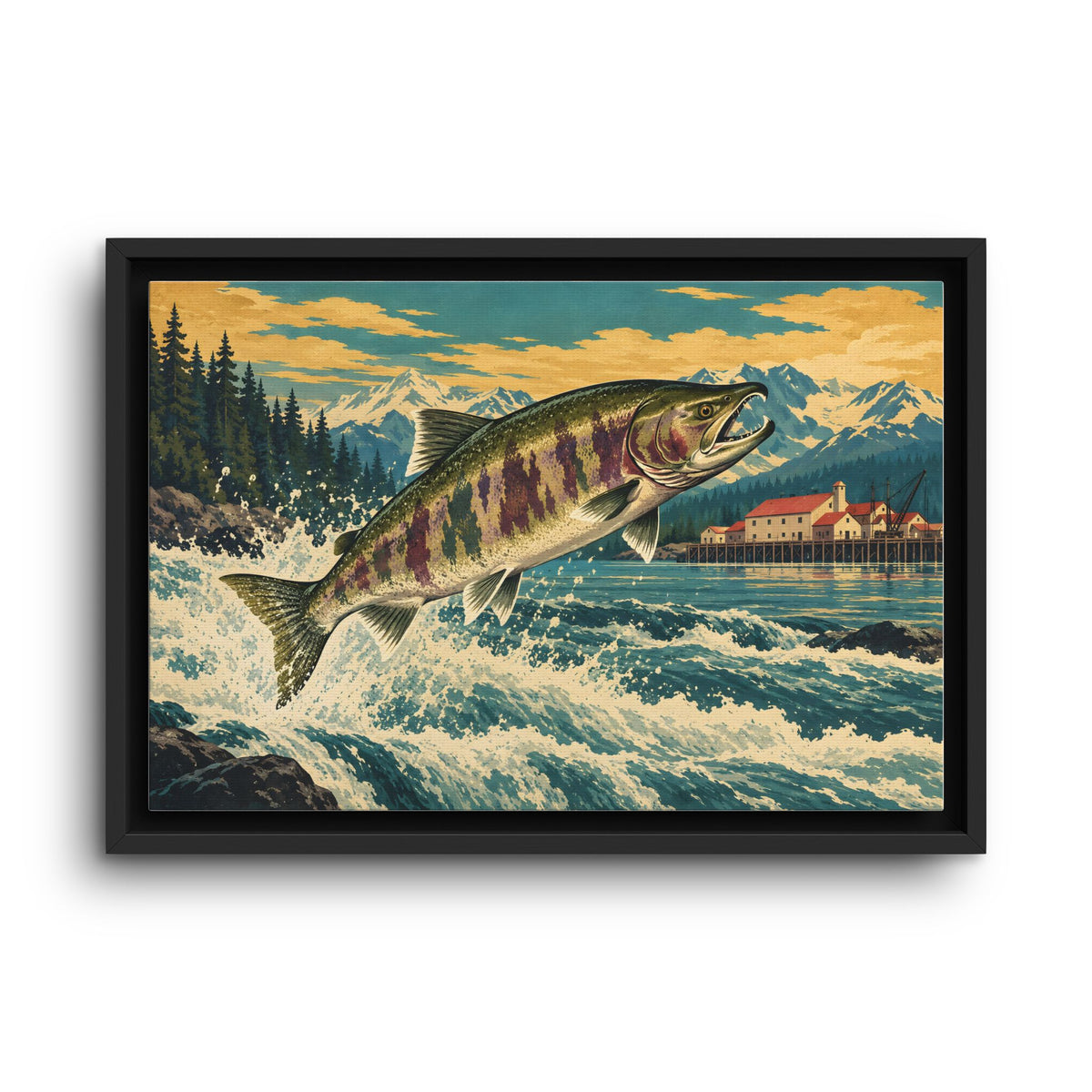 Cannery Leap Chum Salmon framed canvas wall art