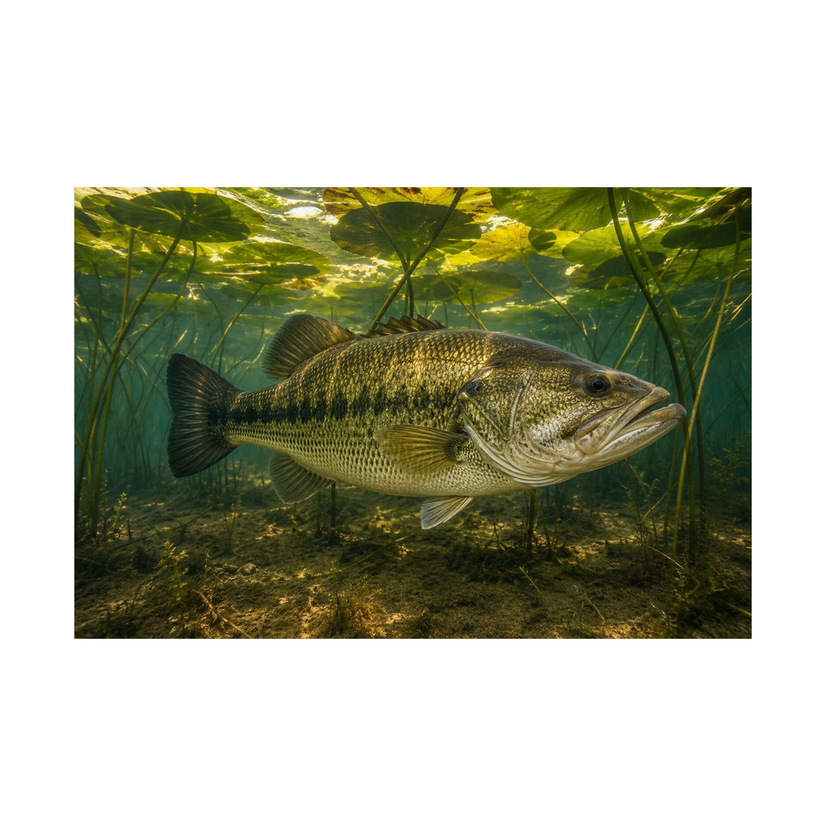 Lily Pad Shade Largemouth Bass poster wall art, 18x12 size view