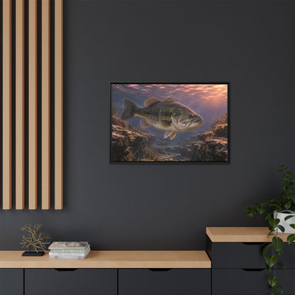 Rose-Gold Dusk Channel Largemouth Bass framed canvas in a home office